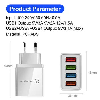 QC 3.0 4.0 Multi USB Pulg EU/US Nabíjačku 4 Port Prenosné 48W Rýchlo Nabíjačka Adaptér Pre Huawei Xiao LG Mobilný Telefón Sieťovej Nabíjačky