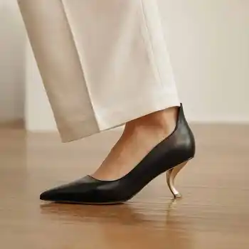 Krazing hrniec jedinečný dizajn úplné zrna kožené ukázal prst elegantné kovové stiletto vysoké podpätky pošmyknúť na zrelé ženy móda čerpadlá L91