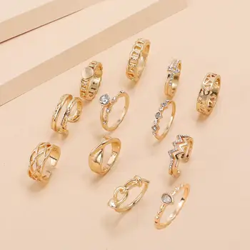 Sindlan 12Pcs Boho Zlata Plné Crystal Prst Krúžky, Sada pre Ženy Klasické Kúzlo Duté Hladké Srdce Infinity Dievčatá Módne Šperky