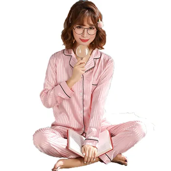 Dámske pyžamo hodváb prekladané dlhým rukávom cardigan na jar a na jeseň ružové letné 2-dielna sexy pyžamo domov služby