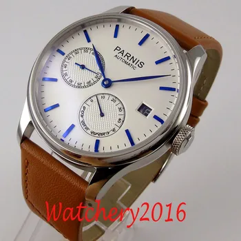 43mm parnis biela dial dátum power reserve modré značky ST2530 Automatický pohyb pánske hodinky