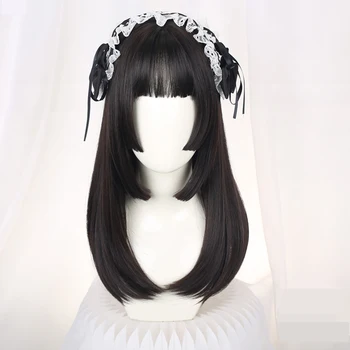 Japonsko Štýl Krásnej Lolita Cosplay Parochne Vysokej teploty Vlákna Syntetické Vlasy Čierne Dlhé Prírodné Rovné Vlasy + zadarmo vlasy spp