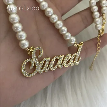 AurolaCo Prispôsobené Názov Náhrdelník Osobné Perlový Náhrdelník Zlatý Prívesok Štítku Náhrdelník Pre Ženy Šperky Darček