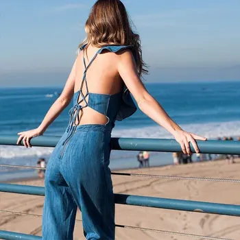 Nové Módne Jar Leto Čipky Jeden Kus Remienky Ženy Sexy Backless Svetlo Modrá Dámy Strany Jumpsuit Rovné Nohavice 2020