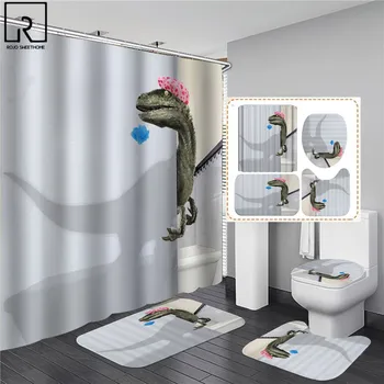 3D Dinosaura Sprchové Závesy Nepremokavé Kúpeľňa Záclonové Háčiky s Anti-slip Vaňa Mat Nastaviť Mäkké Koberce, WC v každej izbe Wc Koberec Domova