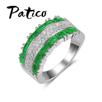 Široký Mužov Krúžky 925 Sterling Silver Prstene Pre Ženy Zelená Full-Zirconia Crystal Kameň Šperky Vianočný Večierok Darček