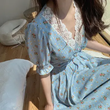 Vintage Kvetinové Šaty Žien Elegantnej Čipky Šifón kórejskej Strany Šaty Lístkového Rukáv V Krku Midi Šaty Jeseň Šaty pre Ženy 2020