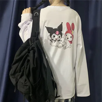 Nové Prípravka Tričko Ženy Tričko Japonskej IN College Cartoon Kuromi Tlač Voľné Dlhým rukávom T-shirt Žena Mäkké Dievča Študent