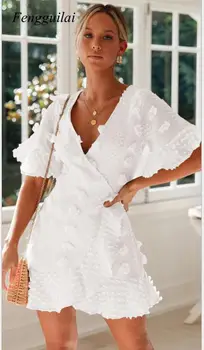 Letné Zábal Šaty Strany Krátky Rukáv Elegantný V Krku Vysoký Pás White Club 2020 Ženy Bežné Čipky Mini Šaty