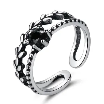 Luxusné Čierne Cubic Zirconia Stohovateľné Robustný Leaf 925 Sterling Silver Krúžky Pre Ženy Gotický Punk Veľké Šperky