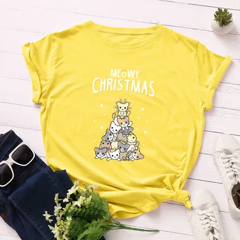 Leto, Bavlna Ženy Tričko Plus Veľkosť 5XL Vianočné Mačky Strom Tlače O-Neck Tričká Krátky Rukáv Fashion Bežné Tee Topy