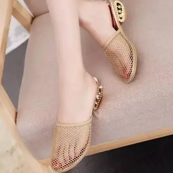 Ženy, papuče tkaných polovica listov s podpätkami kolo prst oka duté von zlaté sandále pre ženy pošmyknúť na letnej obuvi