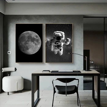 Čierna a Biela Astronaut a Mesiac Plátno na Maľovanie Plagátu a Vytlačí Priestor Wall Art Obrázky pre Obývacia Izba Dekor
