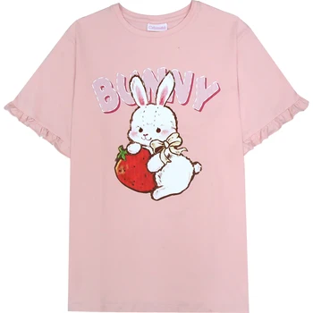 College Lolita Ružová Femme T-shirts Kawaii Jahoda Bunny Obrázok Letné Topy Ženy 2020 Mäkké Gir Roztomilý Králik Prehrabať Tee Tričko