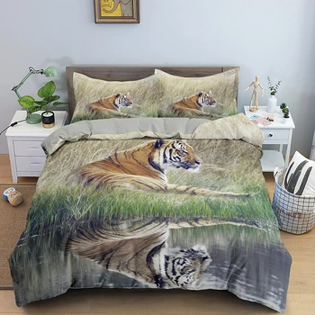 3D Zvierat Tiger posteľná bielizeň Nastaviť Obliečky Deka Perinu Jeden Kráľ, Kráľovná Veľkosť