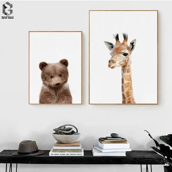 Roztomilé Dieťa Zvierat Žirafa Plátno Art Tlač a Poster, Škôlka Lesov Medveď Plátno na Maľovanie Nordic Stene Obraz Domova