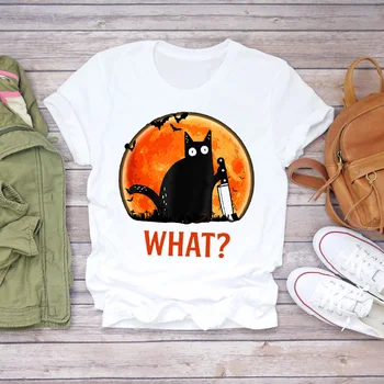 Ženy Kreslených Mačka 90. rokov Zvierat Krátky Rukáv Halloween Tlač Lady T-shirts Top Dámske Graphic T Shirt Ladies Ženský Čaj T-Shirt