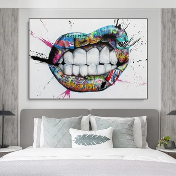 Zuby a Pery Graffiti Stena Umelecké Plátno Tlačiť Maľovanie na Ulici Pop-Kiss Plagáty a Vytlačí na Stenu Obrázky, Obývacia Izba, Spálňa