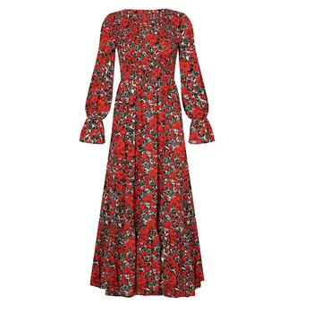 Dlhé Šaty Jeseň Zima Vintage Dámy Flroal Ruched Elegantné Čierne Šaty S Dlhým Rukávom Maxi Šaty Pre Ženy Strana 2020 Klesnúť