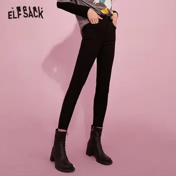 ELFSACK Black Pevné Minimalistický Bežné Ženy Chudá Ceruzkou Nohavice,2020 Jeseň ELF Čistý kórejský Dámy Teplé Základné Denne Dna