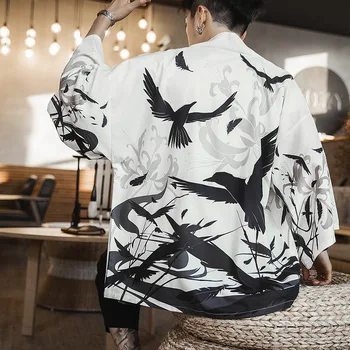 Na šírku Tlač Kimono Mužov Japonské Kimono Cardigan Harajuku Kimono Bundy Mužov Streetwear Havajské Mens Bunda, Kabát 5XL