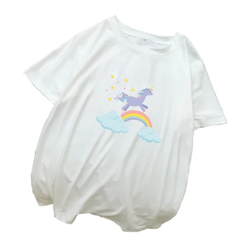 Nové dámske tričko Lete Krátky Rukáv O-krku Bežné Tee Topy Žena Streetwear Harajuku Kawaii Jednorožec Vytlačené T Tričko Oblečenie