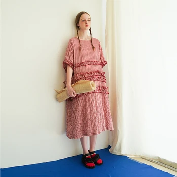Imakokoni červené a biele skontrolujte šaty originálny dizajn voľné bežné mid-dĺžka-krátke rukávy žena lete 182353