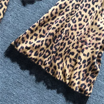 JÚL JE PIESEŇ Nová Leopard Vytlačené 4 Ks Pyžamo Nastaviť Ženu Sexy Sleepwear Faux Hodvábna Šatka Župan S Hrudníka Pad Sleepwear Šortky