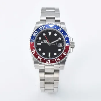 Automatické hodinky 40 mm GMT modrého a červeného rámu sterilné dial zafírové sklo sledovať náramok z nerezovej ocele pohyb A22-22