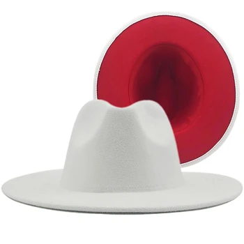 Jednoduché ružové červené Patchwork Plstený Klobúk Ženy Muži Široký Okraj Vlna Jazz Fedora Klobúky Panama plstený klobúk Spp Trend Gambler Hat 57-60CM