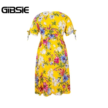 GIBSIE Boho Kvetinový Tlač Tlačidlo Ženy Letné Šaty 2020 tvaru Krátky Rukáv Kravatu Dovolenku Bežné Midi Šaty Vestidos Plus Veľkosť