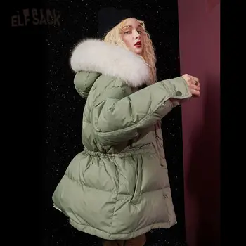 ELFSACK Pevné Výšivky Nadrozmerná Kapucňou 90% Biele Kačacie Nadol Kabát Ženy,2020 Zimné Kožušiny Golier kórejský Dámy Denne Teplé Outwear