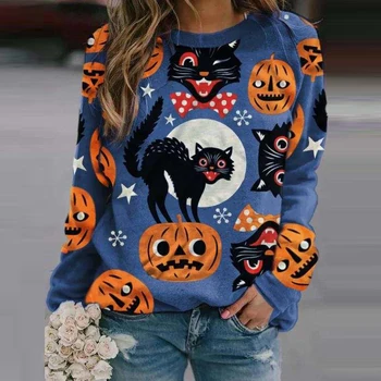 Jeseň Halloween Tlač Hoodies Mikina 2020 Ženy Elegantné O Krk Pulóver Top Bežné Ženské Dlhý Rukáv Voľné Streetwear 5XL