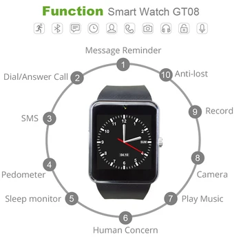 Muž Sledovať Smart Hodinky GT08 Clock Sync Oznamovateľ Podporu Sim TF Karty, Bluetooth Pripojenie Telefónu Android Smart hodinky Mužov Zliatiny