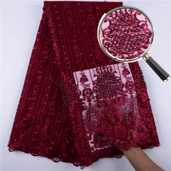 Červené Víno Afriky Čipky Textílie 2019 Vysokej Kvality Nigéria Čipky Textílie S Korálkami Výšivky Tylu Francúzskej Čipky Pre Ženy Šaty S1399