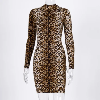 Hugcitar 2019 tiger, leopard tlač dlhý rukáv mini šaty jeseň zima ženy streetwear strany oblečenie clubwear