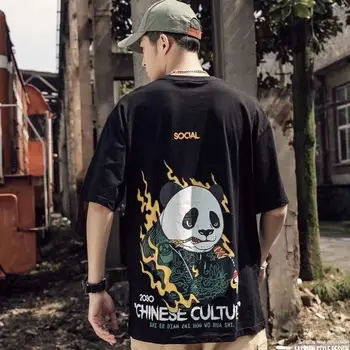 2020 kolo-neck T-shirt pre mužov značky voľné národnej módne medveď mačka tlače kórejská verzia moderný hip-hop krátke rukávy