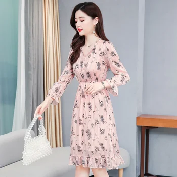 Plus Veľkosť Jesenné Vinobranie Kvetinový Šifón Boho Tričko Šaty 2021 Nový Kórejský Elegantné Ženy Party Šaty Bežné Čierne Pláže Vestidos