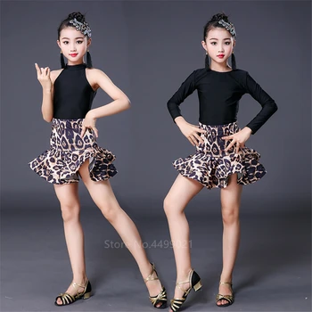 Leopard Tlač Dievčatá Latinskej Tanca Fringe Šaty Deti Sála Súťaže Večierok Fáze Výkonu Oblečenie Top+Sukňa Nastaviť