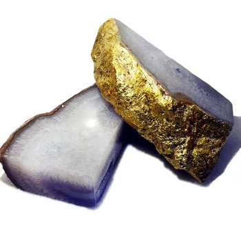 Prírodný 1 Pár Achát Bookkends Polished Quartz Crystal Geode Druzy Bookend Elektrolyticky Pokrývajú Zlatý Okraj Vzorky Minerálov Remeslá