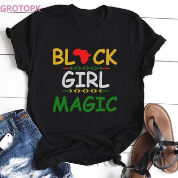Harajuku Melanínu, Poppin Čierny Dievča Magic T-Vtipné tričko Black Dievča Tlač kórejský Top Štýl Gothic, Vintage Žien T-shirt Žena