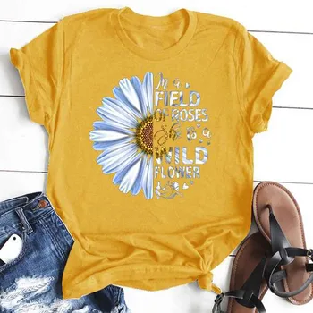 Tričko Ženy Tees Slnečnice Tlače O-krku Krátky Rukáv T-shirt Letné Voľné Bežné Značky Topy Oblečenie 2020 Nové Camiseta Mujer